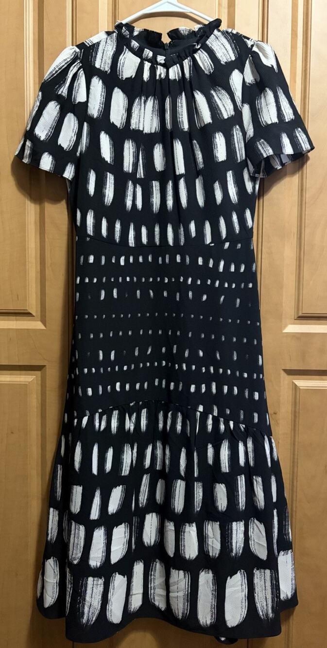 Maggy London Black White Abstract Sheath Mock Neck Knee Chiffon Dress 4 - Picture 2 of 6